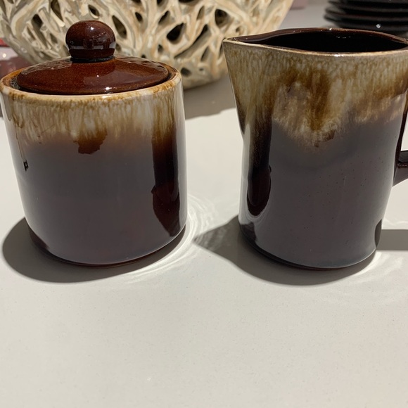 Vintage Japan Cream And‎ Sugar With  Lid Brown Drip Glaze - Picture 1 of 5
